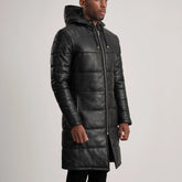 Elkum Black Leather Hooded Coat Jacket